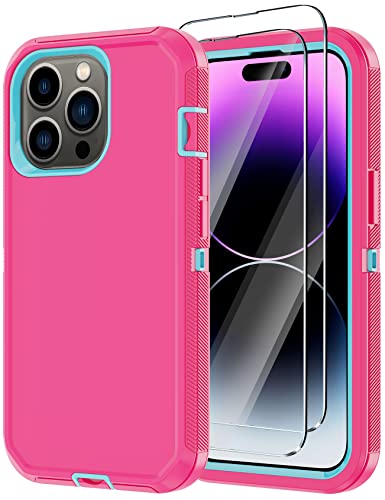 for iPhone 14 Pro Case with 2 Screen Protector, Heavy Duty Drop Protection Shockproof Full Body 3-Layer Military Rugged Durable Protective Cover for Apple iPhone 14 Pro 6.1" (Pink/Blue) - color: Pink/Blue