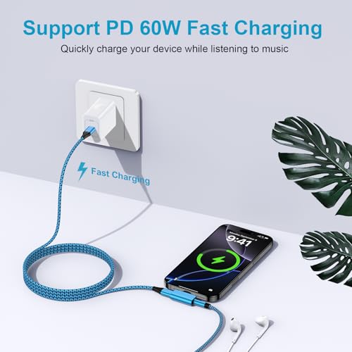 USB C to 3.5mm Headphone and Charger Adapter,2in1 USB C to Aux Jack Adapter - color: blue