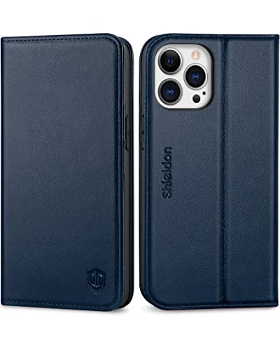 SHIELDON Genuine Leather Case Wallet for iPhone 13 Pro 6.1" 2021, Navy Blue | Magnetic Closure, RFID Blocking, Credit Card Slot, Kickstand, Flip Book Design, Shockproof Phone Cover - color: Navy Blue