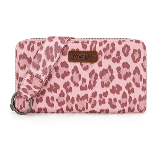 Wrangler Pink Wallet for Women Ladies Female Leopard Print Large Wristlet Wallets, Card Cases & Money Organizers Clutch Phone Wallets Western Credit Card Zipper Wallet with RFID Lining - color: Leopard-Pink