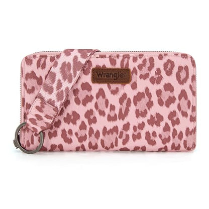Wrangler Pink Wallet for Women Ladies Female Leopard Print Large Wristlet Wallets, Card Cases & Money Organizers Clutch Phone Wallets Western Credit Card Zipper Wallet with RFID Lining - color: Leopard-Pink