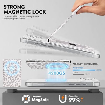 RFID Blocking MagSafe Wallet Stand with Card Holder,5 Card Slots & ID Window,PU Leather Magnetic Adjustable Kickstand for iPhone 12/13/14/15/16/17 Pro Max & Air Plus Series,Leopard-White - color: Leopard-White, style: Stand Wallet