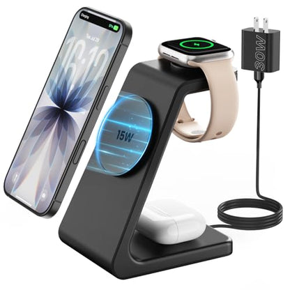 15W Charging Station for iPhone 17: JoyGeek 3-in-1 Fast Wireless & Magnetic Charger for Magsafe, iPhone 17-12, Apple Watch Ultra 2-11 & AirPods 2-4, Includes 30W PD Adapter - color: Matte Black