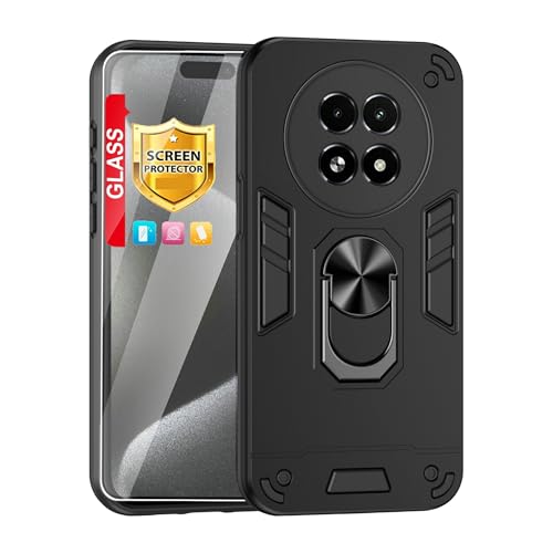 Compatible with Realme 13 5G / Realme 12 / Realme C65 5G Phone Case Cover Built-in Stand Shockproof and Drop-Proof [with Tempered Glass Screen Protector] Black - color: HY-GZS-black, size: Realme 13 5G/Realme 12