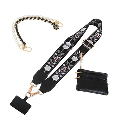 Phone Strap with Zippered Pouch, Clip and Go Strap for Phone with Wallet Crossbody, Adjustable Crossbody Phone Strap-1 - color: Bohemian Black