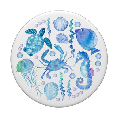 Cute Sea Ocean Life Turtle Crab Seahorse Fish Watercolor PopSockets Adhesive PopGrip - style: Adhesive PopGrip