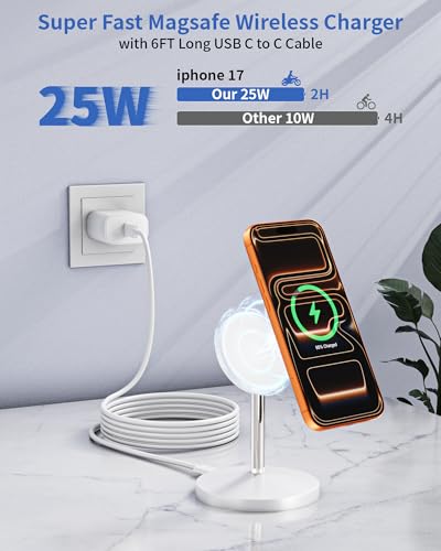 Magnetic Wireless Charger Stand, 25W Fast Mag Safe Charger iPhone Stand, 6FT Magnet Wireless Charging Station Pad with 35W Adapter for iPhone 17 Air 17 Pro 17 Pro Max 16 15 14 13 12, AirPods Pro 2/3/4 - color: White