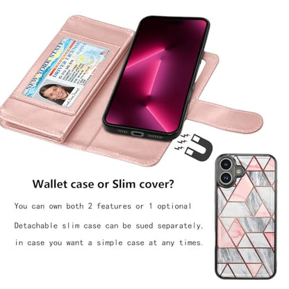 NJJEX Compatible with iPhone 16 Plus Wallet Case, 9 Card Slots, Marble Pink | PU leather folio flip, detachable magnetic phone cover, integrated kickstand, included lanyard - color: Marble Pink, size: iPhone 16 Plus