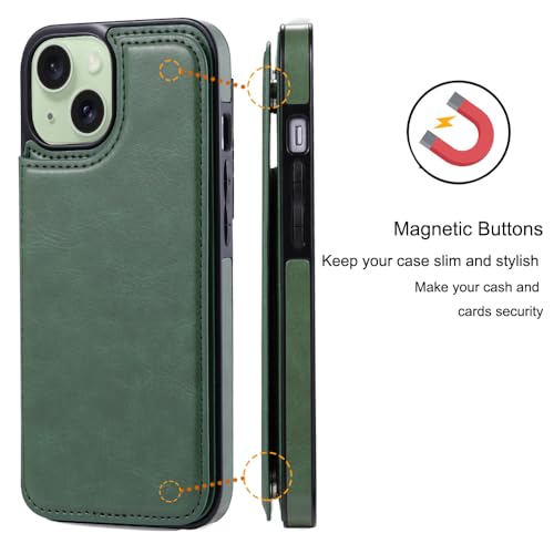 Wallet Case Compatible with iPhone 15,Slim Protective case with Card Holder,Premium PU Leather Kickstand Card Slots Case with 1 Screen Protective Glass-Grass Green - color: Grass Green