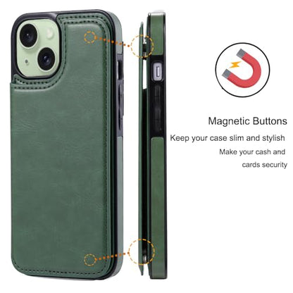 Wallet Case Compatible with iPhone 15,Slim Protective case with Card Holder,Premium PU Leather Kickstand Card Slots Case with 1 Screen Protective Glass-Grass Green - color: Grass Green