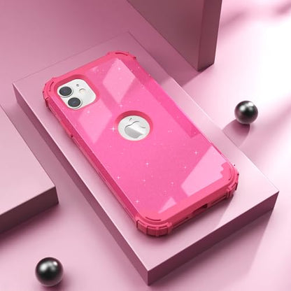 IDweel for iPhone 11 Case with Screen Protector(Tempered Glass), Hybrid 3 in 1 Shockproof Slim Fit Heavy Duty Protection Hard PC Cover Soft Silicone Bumper Full Body Case,Glitter Rose Red - color: Glitter Rose Red
