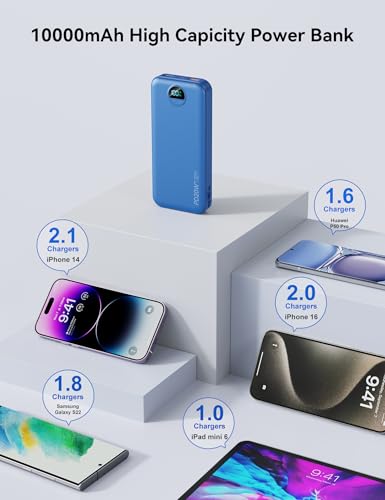 Portable Charger Power Bank 10000mAh with Built in Cables & Wall Plug - color: Steel Blue