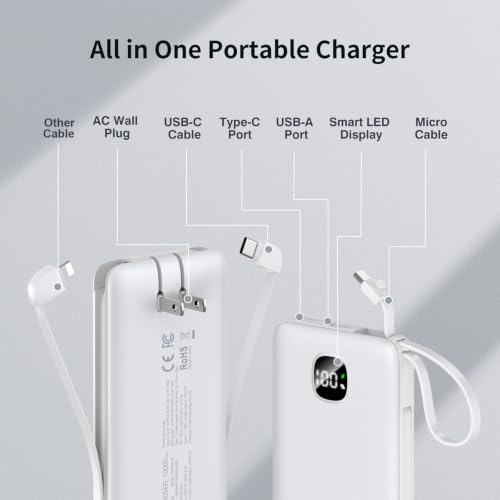 Portable Charger 10000mAh 22.5W Power Bank,Built-in 3 Cables & AC Wall Plug - color: Matte White