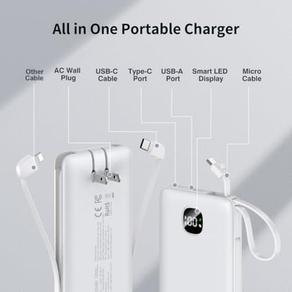 Portable Charger 10000mAh 22.5W Power Bank,Built-in 3 Cables & AC Wall Plug - color: Matte White