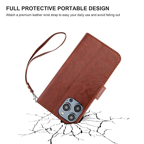 Bocasal Detachable Wallet Case Card Holder for iPhone 14 Pro, Brown | RFID Blocking Kickstand Card Slots Holder PU Leather Magnetic Shockproof Wrist Strap Removable Flip Protective Cover 6.1 inch - color: Brown