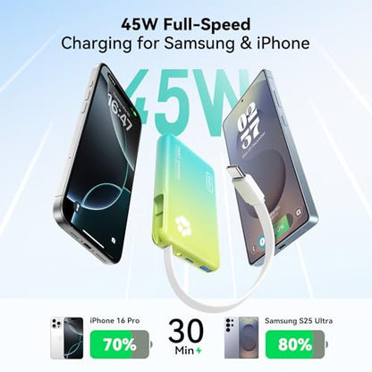 INIU 45W Fast Charging Tablet Portable Charger, Smaller 10000mAh Power Bank - color: Cyan
