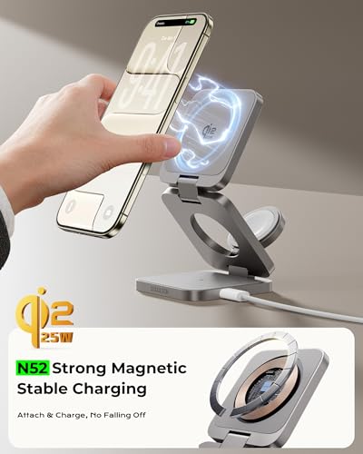 3 in 1 Charging Station for Apple - Qi2.2 25W Magnetic Wireless Charger for iPhone 18/17, Apple Watch, AirPods, Travel Fast Charging Foldable Stand with 45W GaN Adapter, Aluminum Alloy Design - color: Titanium Color