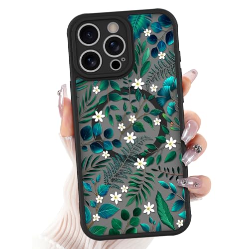 Designed for iPhone 15 Pro Max Case Green Leaf Floral Pattern, Black | [Compatible with MagSafe] Translucent Matte Backplate Slim Fit Anti Shock Anti Fall Protection Phone case for Girls Women - color: Green Leaves Flower, size: iPhone 15 Pro Max