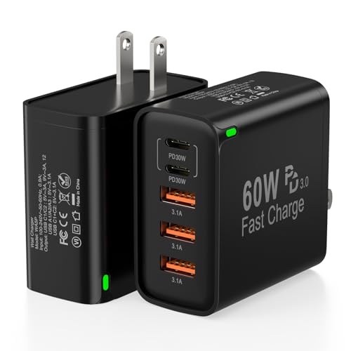 2Pack USB C Fast Charger Block, Total 60W 5-Port USB C Wall Charger 30W - color: Black