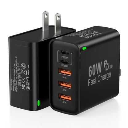 2Pack USB C Fast Charger Block, Total 60W 5-Port USB C Wall Charger 30W - color: Black