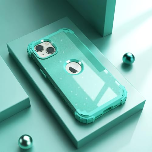 IDweel for iPhone 15 Case with Screen Protector,Luxury 3 in 1 Shockproof Slim Fit Hybrid Heavy Duty Protection Glitter Hard PC Cover Soft Silicone Bumper Full Body Case,Glitter Cyan - color: Glitter Cyan