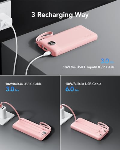 VRURC 22.5W 10000mAh Fast Charging Power Bank Built‑in 4 Cables - color: Pink