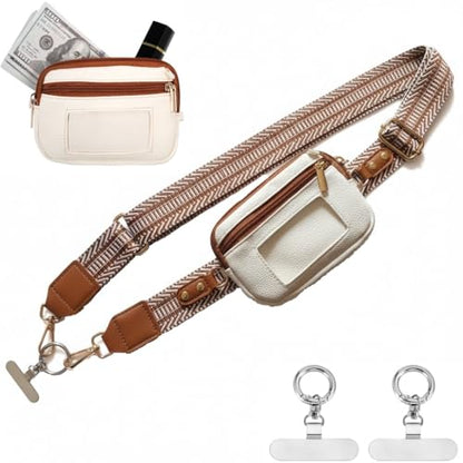 Clip and Go strap for phone with Leather Wallet crossbody phone - color: White Brown