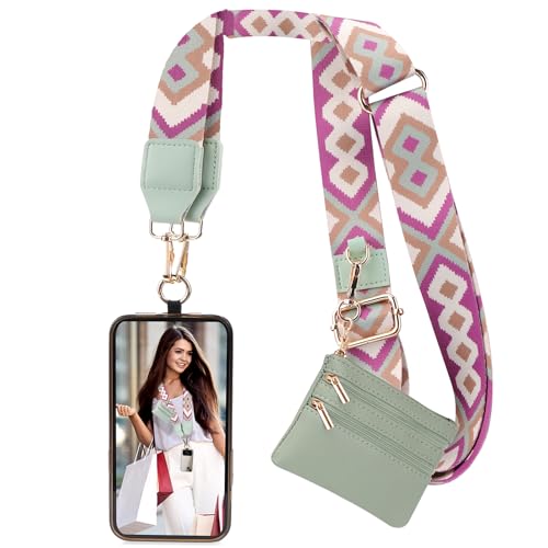 XANGNIER Clip and Go Strap for Phone with Wallet Crossbody, Phone Strap with Zippered Wallet, Adjustable Anti Theft Cellphone Lanyard for Women, Cellphone Chain Accessories Green - color: Green