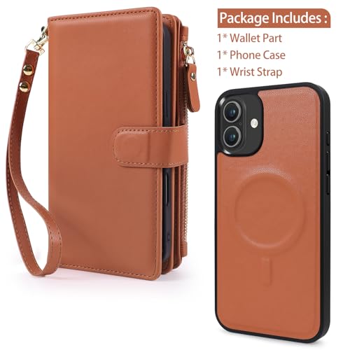 Magnetic Case for iPhone 16 Pro Max Wallet Compatible with Magsafe RFID Blocking Card Holder Detachable Phone Cover Kickstand Snap Strap Zipper Pocket PU Leather 6.9 inch 2024 (Brown) - color: Brown, size: iPhone 16 Pro Max
