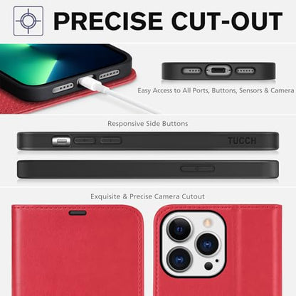 TUCCH Case Wallet for iPhone 13 Pro Max (6.7"), RFID Blocking Folio, Red - color: Red