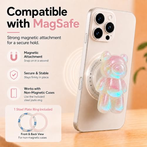 Magnetic 3D Bear Phone Grip Stand, MagSafe Compatible — Opal Pink - color: Opal Pink