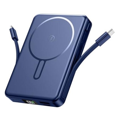 Magnetic Portable Charger, Power Bank Fast Charging 22.5W 10000mAh, Portable Charger with Built in Cable, for Magsafe Battery Pack Compatible with iPhone 17/16/15/14/13/12 Pro/Pro Max, Samsung Blue
