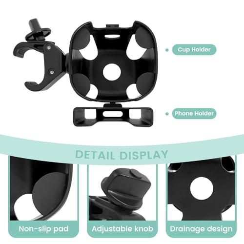 Large Size 2-in-1 Stroller Cup and Phone Holder, Adjustable Clip-On, Black