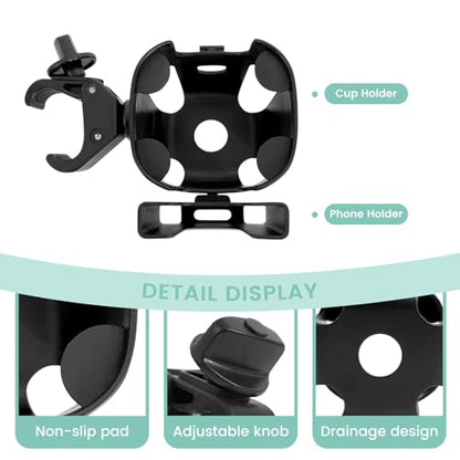 Large Size 2-in-1 Stroller Cup and Phone Holder, Adjustable Clip-On, Black