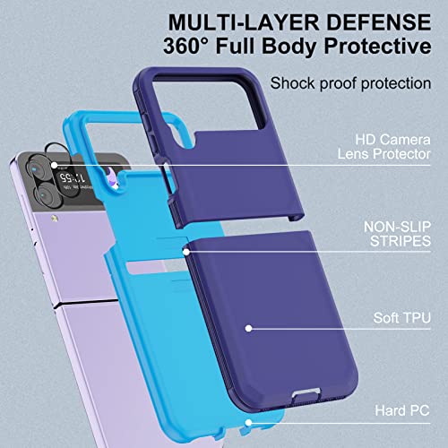 for Galaxy Z Flip 4 Case with Camera Lens Film,Shockproof Protective Phone Case Heavy Duty Full Body Protection Drop Proof Hard Rugged Cover for Samsung Galaxy Z Flip 4 (Dark Blue/Blue) - color: Dark Blue/Blue