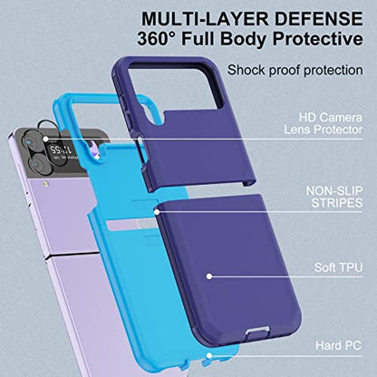 for Galaxy Z Flip 4 Case with Camera Lens Film,Shockproof Protective Phone Case Heavy Duty Full Body Protection Drop Proof Hard Rugged Cover for Samsung Galaxy Z Flip 4 (Dark Blue/Blue) - color: Dark Blue/Blue