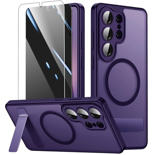Magnetic for Samsung Galaxy S25 Ultra Case with Stand and Screen Protector & Camera Protector,Galaxy S 25 Ultra Case Compatible with MagSafe,Matte Translucent Shockproof Slimi Phone Case-Purple - color: Purple, size: Samsung Galaxy S25 Ultra