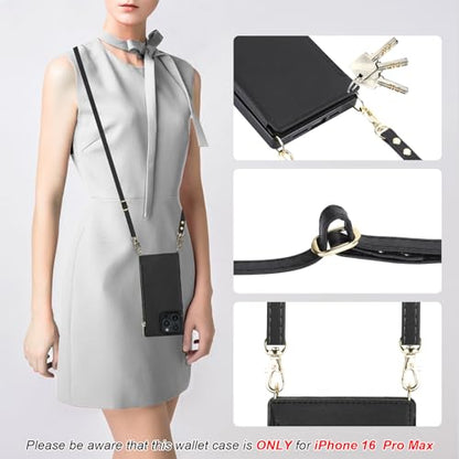 Bocasal Crossbody Wallet Case with Strap for iPhone 16 Pro Max, Black | RFID Blocking Card Slot Holder, Magnetic Flip Folio Purse Case, PU Leather Zipper Handbag Detachable Lanyard Strap 6.9 Inch - color: Black
