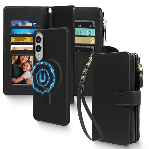 Magnetic Case for Samsung Galaxy S25 Edge Wallet Compatible with Magsafe RFID Blocking Card Holder Detachable Phone Cover Kickstand Snap Strap Zipper Pocket PU Leather (Black) - color: Black, size: Galaxy S25 Edge