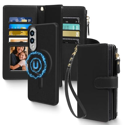 Magnetic Case for Samsung Galaxy S25 Edge Wallet Compatible with Magsafe RFID Blocking Card Holder Detachable Phone Cover Kickstand Snap Strap Zipper Pocket PU Leather (Black) - color: Black, size: Galaxy S25 Edge