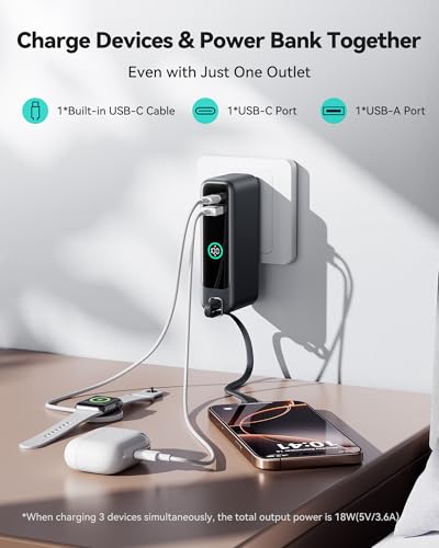 INIU 30W Fast Charging Portable Charger, with Built-in Cable & AC Wall Plug - color: Black