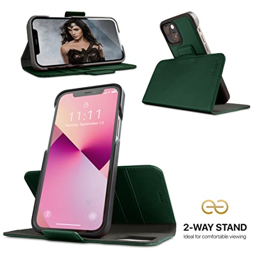 Dreem Vegan Leather Magnetic Detachable Wallet Case for iPhone 13 Green | Built-in Phone Stand, RFID Blocking Card Holder Flip Cover, MagSafe Compatible, Gift Box [Fibonacci: Green] - color: Green, size: iPhone 13
