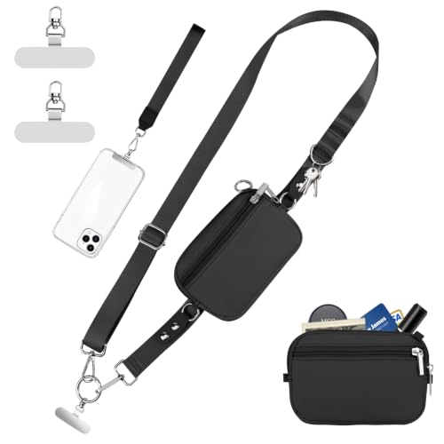 Phone Lanyard Crossbody with Detachable RFID Wallet (Black) - color: Black, size: Medium