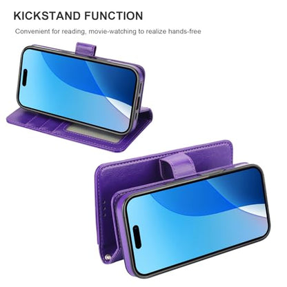 Bocasal Detachable Wallet Case Card Holder for iPhone 16, Purple | RFID Blocking Kickstand Card Slots Holder PU Leather Magnetic Shockproof Wrist Strap Removable Flip Protective Cover 6.1 inch - color: Purple
