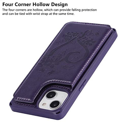 iCoverCase Compatible with iPhone 14 Wallet Phone Case with Card Holder for Women, RFID Blocking Embossed PU Leather Wrist Strap Case 6.1 Inch (Heart Dark Purple) - color: H-Dark Purple