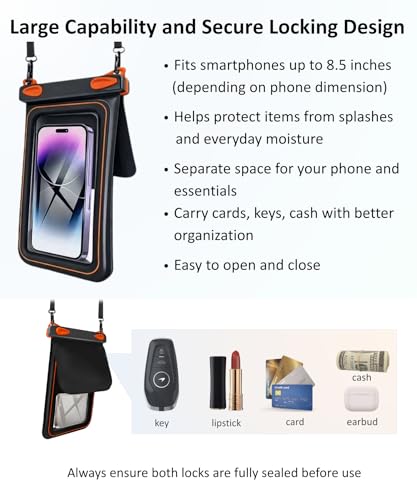 2 Pack Floating Phone Pouch with Dual Compartments, IPX8 Rated Waterproof Case for Rain, Beach, Boating & Kayaking, Clear Touch Screen, Fits Phones Up to 8.5”(Black-Black)