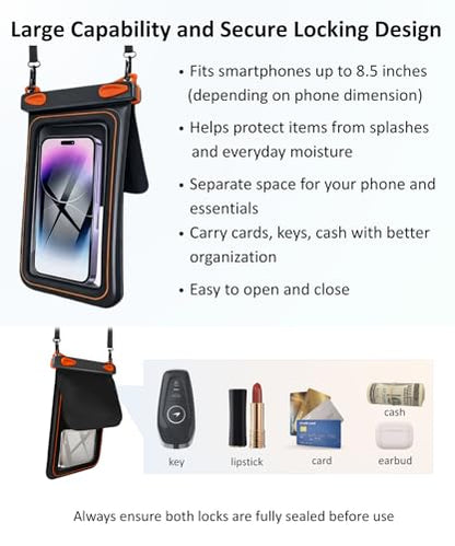 2 Pack Floating Phone Pouch with Dual Compartments, IPX8 Rated Waterproof Case for Rain, Beach, Boating & Kayaking, Clear Touch Screen, Fits Phones Up to 8.5”(Black-Black)