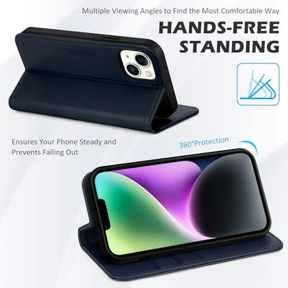 SHIELDON Genuine Leather Case Wallet for iPhone 14 6.1" 2022, Navy Blue | Folio Magnetic Closure, RFID Blocking, Credit Card Holder, Kickstand, Shock Absorbing Protective Cover - color: Navy Blue