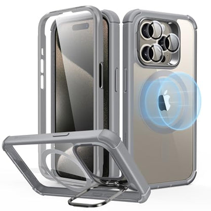 ESR for iPhone 15 Pro Case with Stand, Compatible with MagSafe, Full-Body Military-Grade Drop Proof Case with Built-in 9H+ Tempered Glass Screen Protector, Armor Series, Clear Grey - color: Clear Grey + Stand