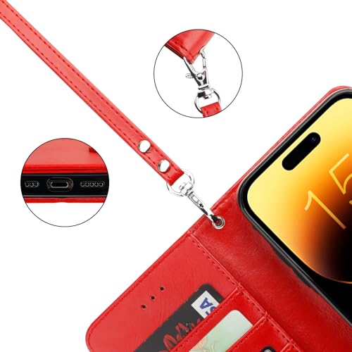 Bocasal Detachable Wallet Case Card Holder for iPhone 15, Red | RFID Blocking Kickstand Card Slots Holder PU Leather Magnetic Shockproof Wrist Strap Removable Flip Protective Cover 6.1 inch - color: Red